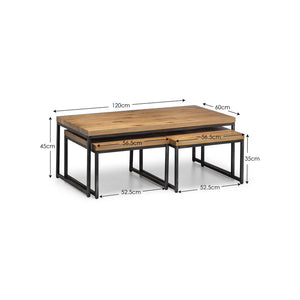Set of two wooden tables with dimensions labeled on a white background