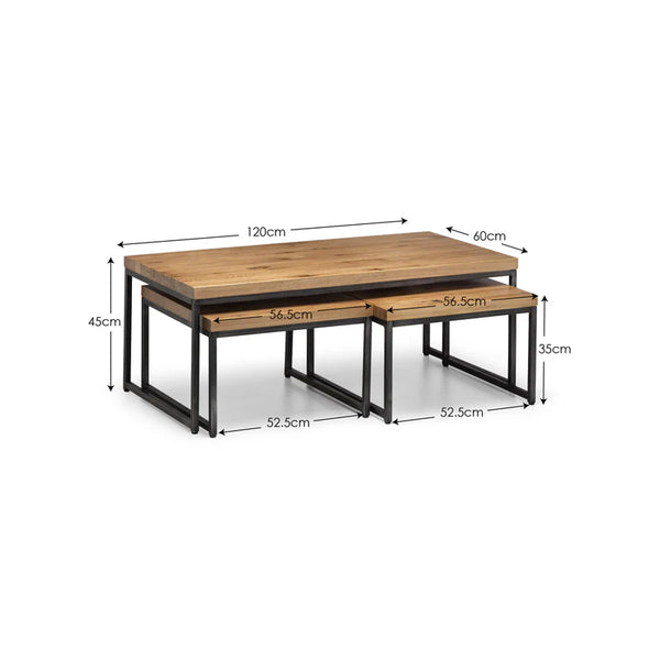 Set of two wooden tables with dimensions labeled on a white background