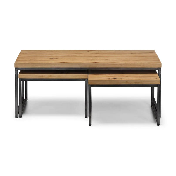 Set of two wooden tables with metal legs on a white background