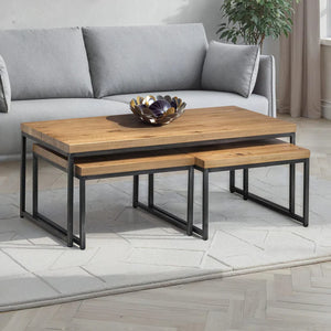 Wooden coffee table with metal legs in a living room setting