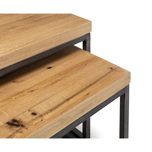 Two wooden tables with metal legs on a white background