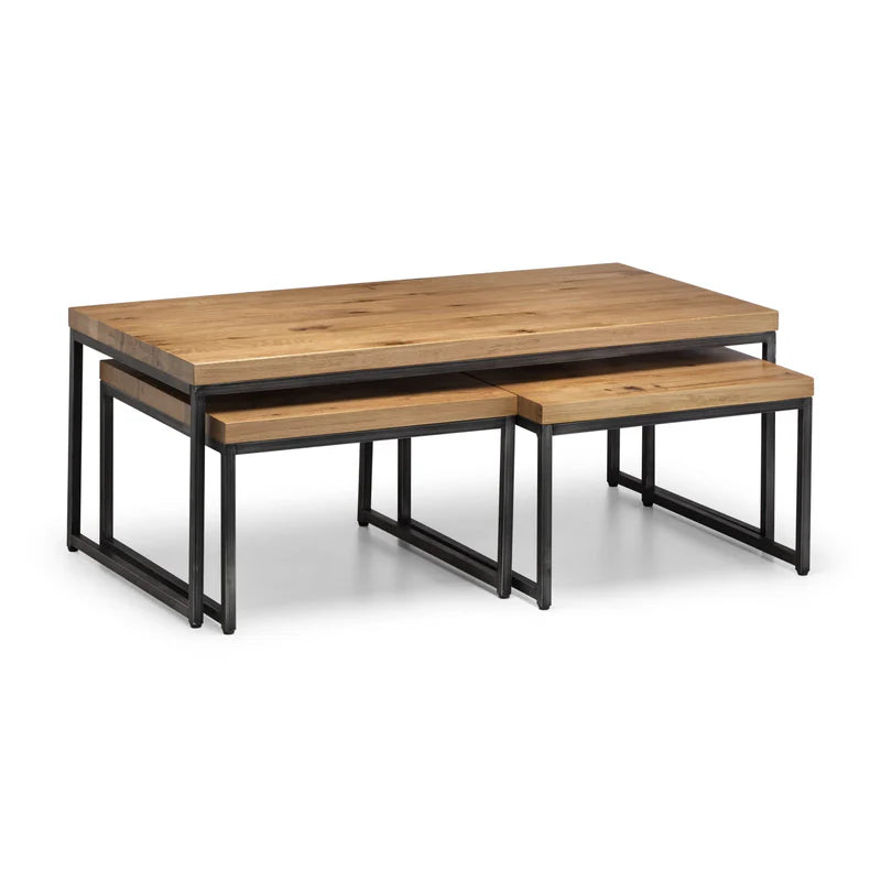 Set of two wooden tables with metal legs on a white background