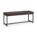 Brown upholstered bench with metal frame on a white background