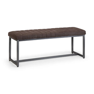 Brown upholstered bench with metal frame on a white background