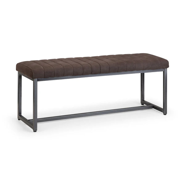 Brown upholstered bench with metal frame on a white background