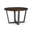 Round wooden table with dark brown top and black metal legs on a white background