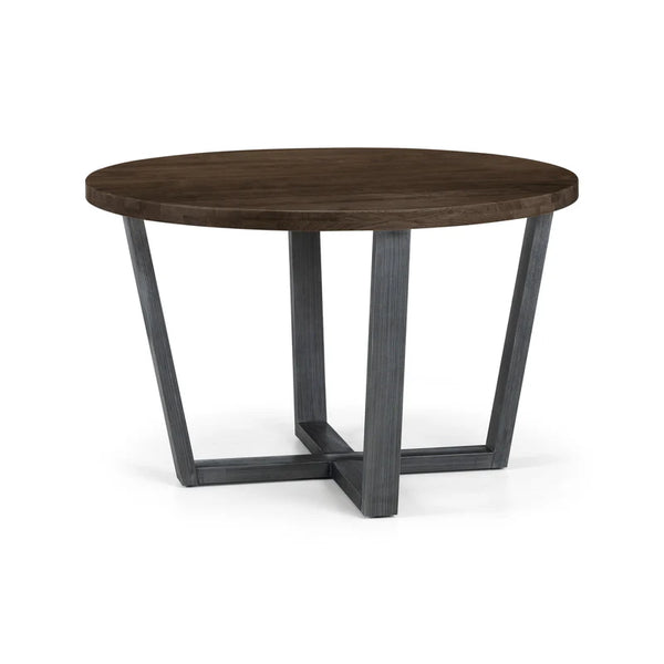 Round wooden table with dark brown top and black metal legs on a white background