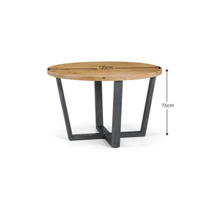 Round wooden table with black metal legs and dimensions on a white background