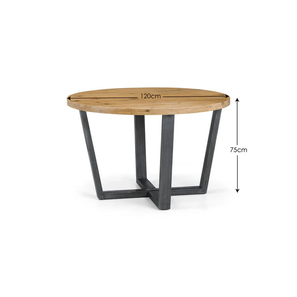 Round wooden table with black metal legs and dimensions on a white background