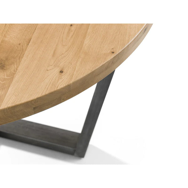Wooden table with metal legs on a white background