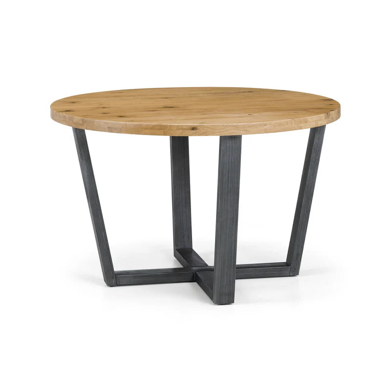 Wooden table with metal legs on a white background