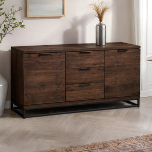 Wooden dresser with metal legs in a room setting