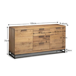 Wooden sideboard with dimensions labeled on a white background