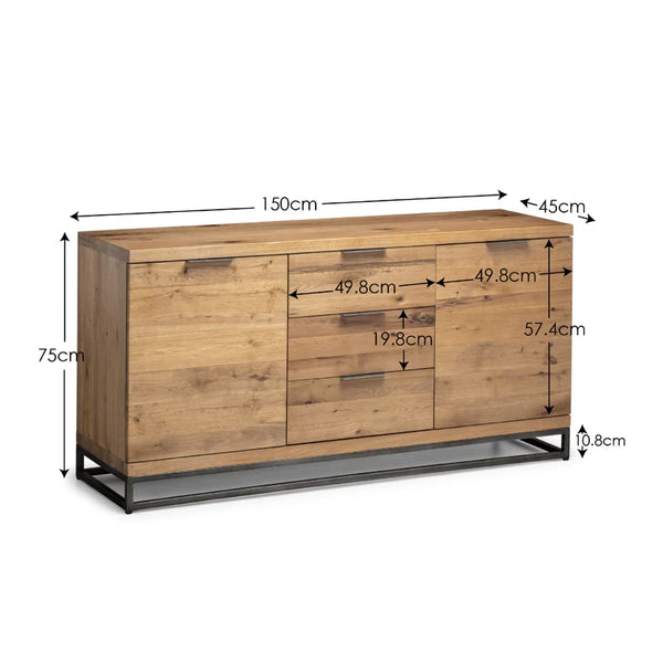 Wooden sideboard with dimensions labeled on a white background