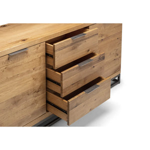 Wooden dresser with multiple drawers on a white background