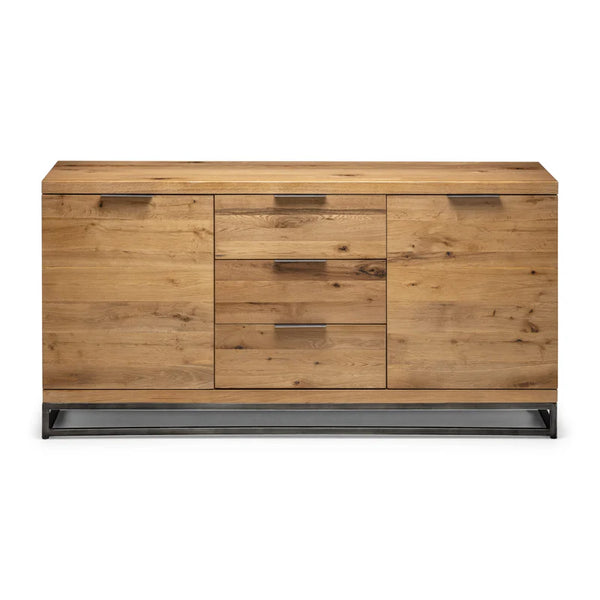 Wooden dresser with multiple drawers on a white background