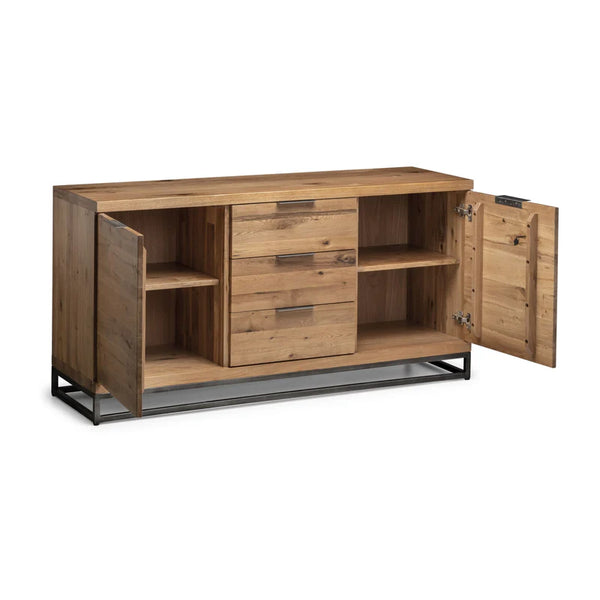 Wooden sideboard with open doors on a white background