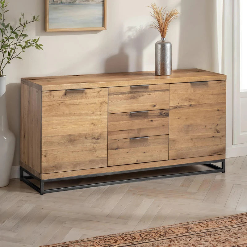 Wooden sideboard with metal legs on a white background