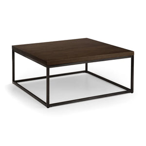 Square coffee table with wooden top and metal frame on a white background