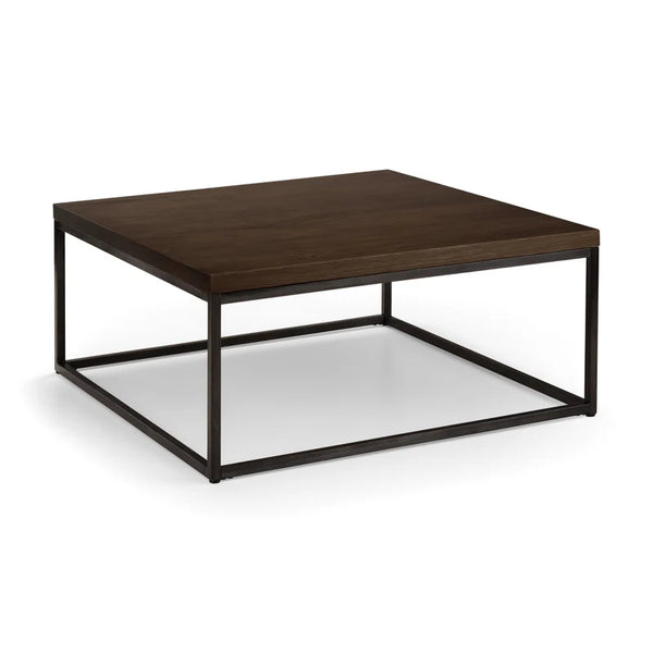 Square coffee table with wooden top and metal frame on a white background