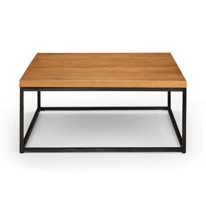 Square coffee table with wooden top and black metal frame on a white background