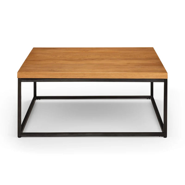 Square coffee table with wooden top and black metal frame on a white background