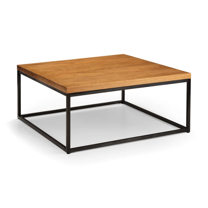 Square coffee table with wooden top and black metal frame on a white background