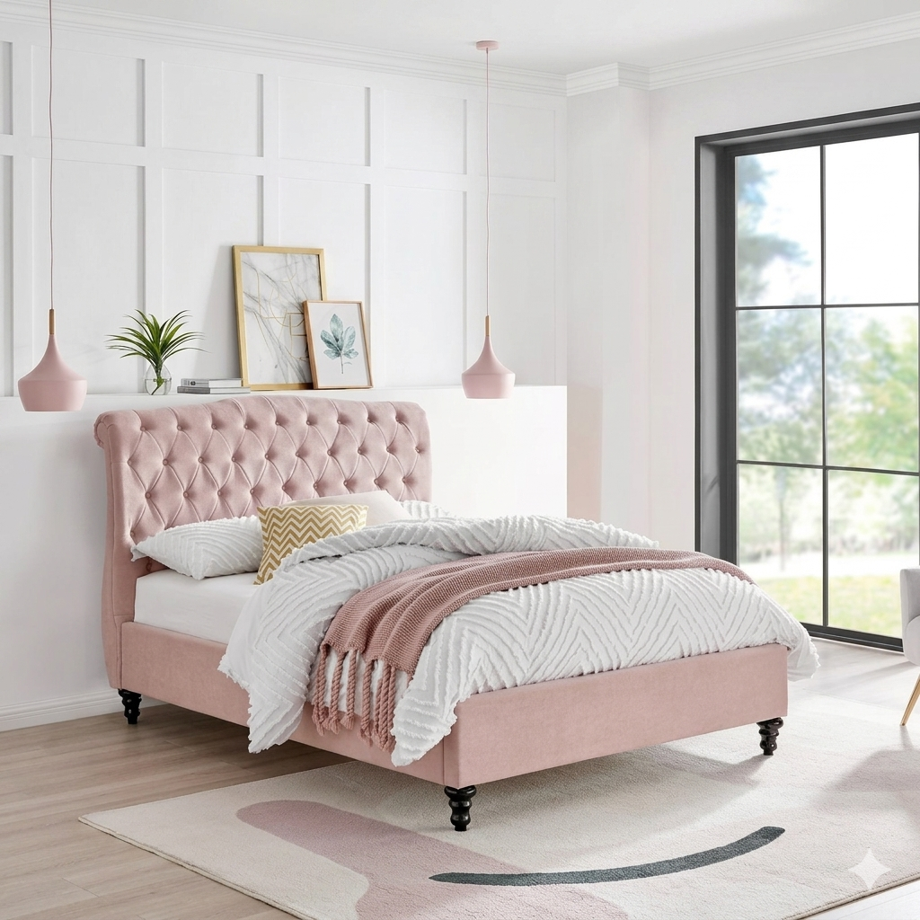 Pink upholstered bed in a modern bedroom with white walls and large windows.