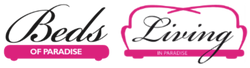 Logo for 'Beds of Paradise' and 'Living in Paradise' with a pink bed outline on a white background