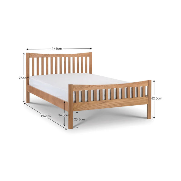 Wooden bed frame with dimensions labeled on a white background