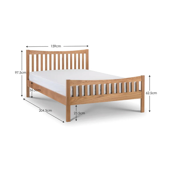 Wooden bed frame with dimensions labeled on a white background