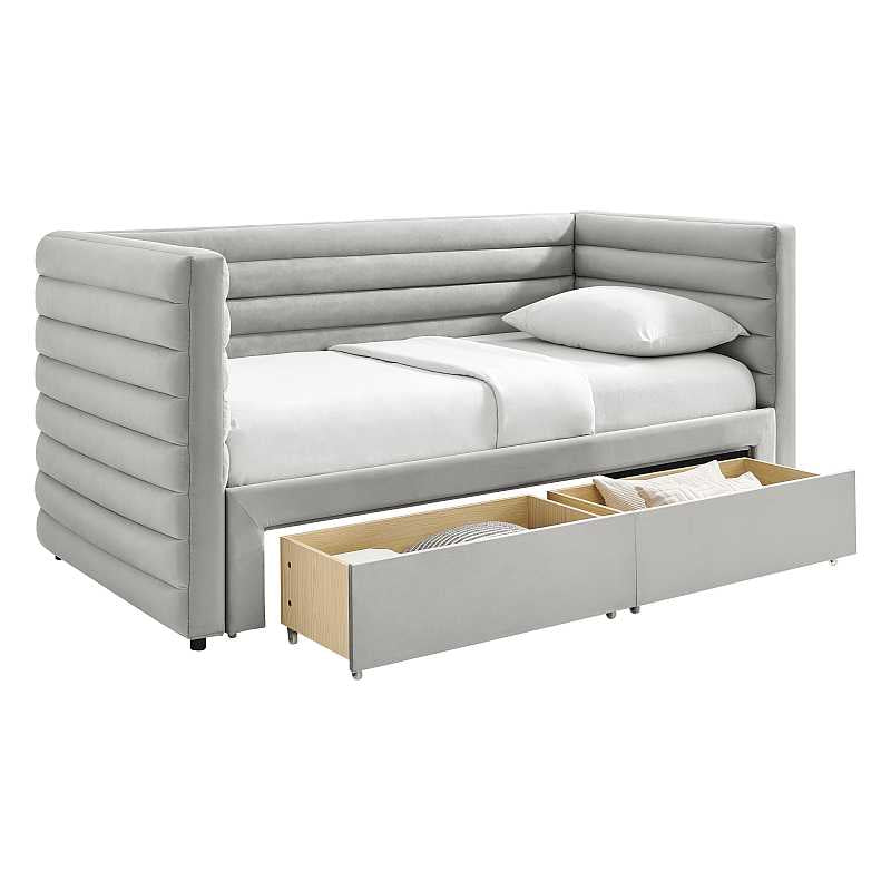 Gray upholstered bed with storage drawers on a white background