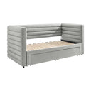 Gray upholstered bed with wooden slats on a white background