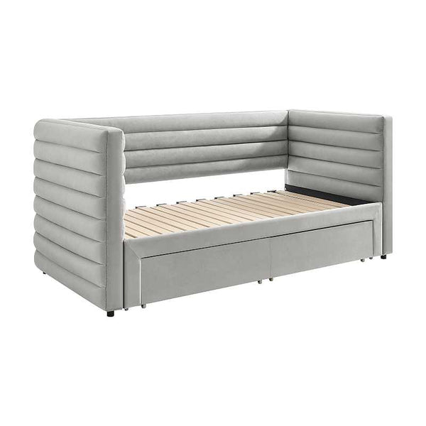 Gray upholstered bed with wooden slats on a white background