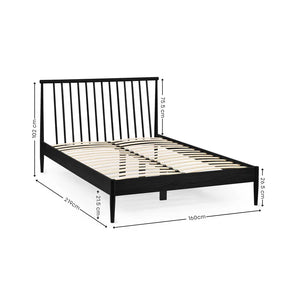 Black wooden bed frame with dimensions on a white background