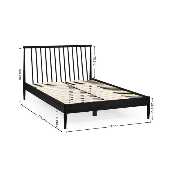 Black wooden bed frame with dimensions on a white background