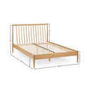 Wooden bed frame with dimensions on a white background