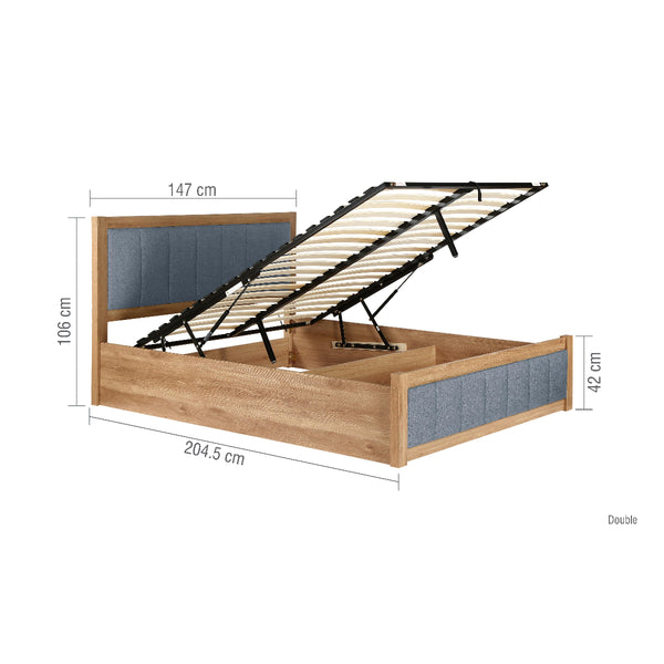 Wooden bed frame with dimensions on a white background
