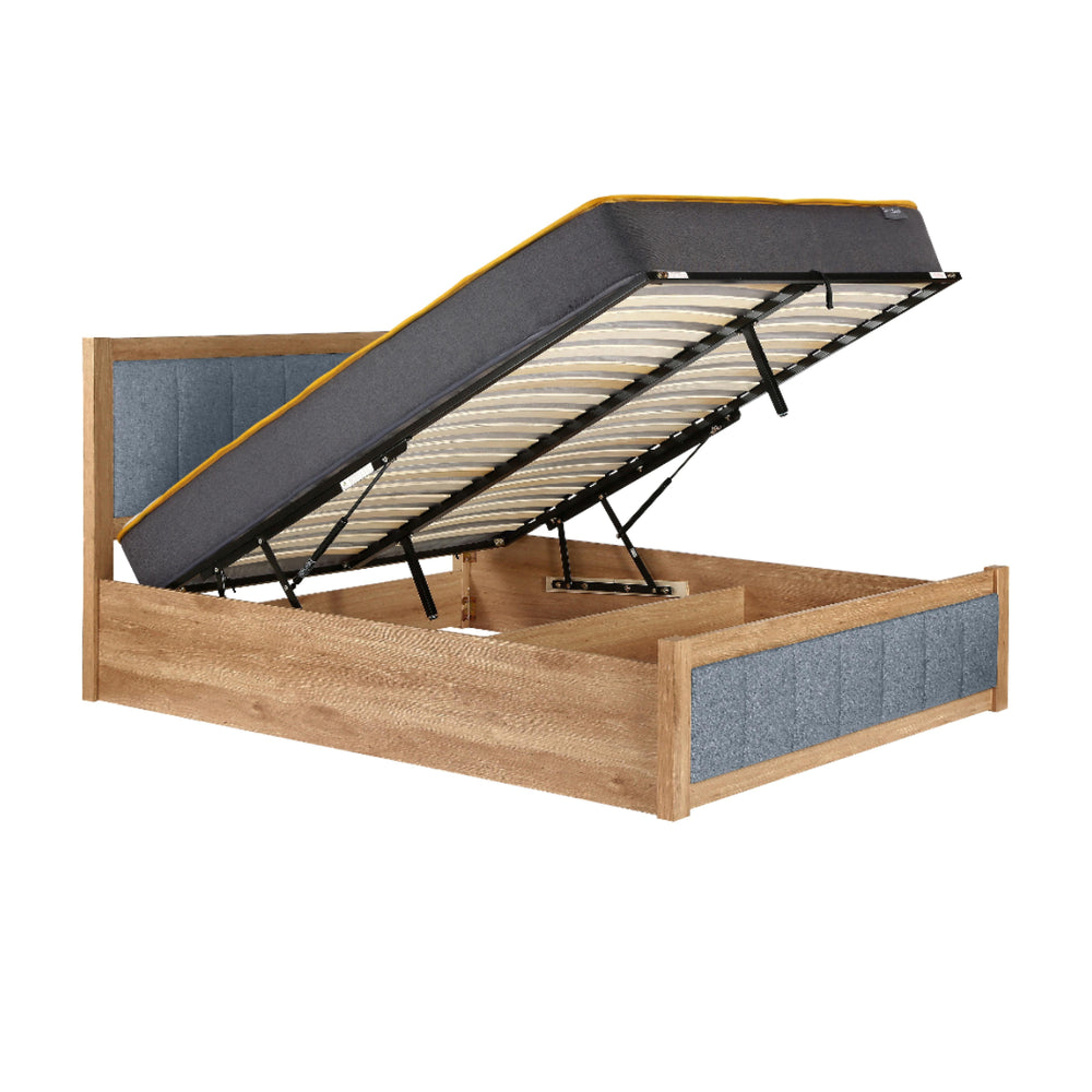 Wooden bed frame with storage compartment on a white background