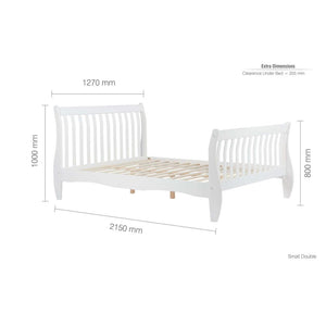 White wooden bed with dimensions labeled on a white background