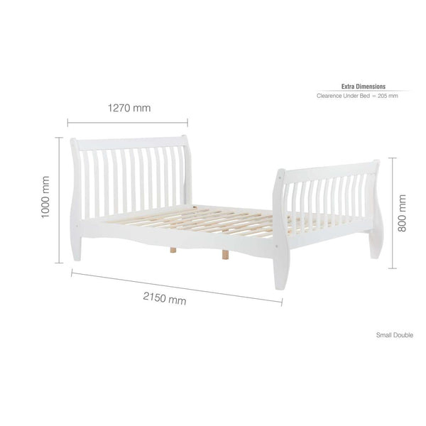 White wooden bed with dimensions labeled on a white background