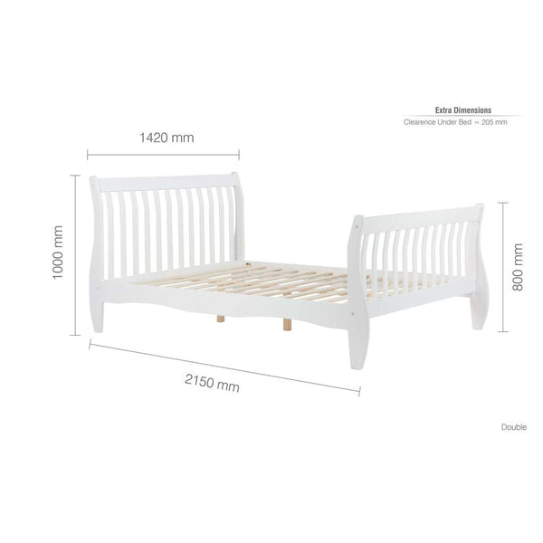 White bed frame on white background with dimensions