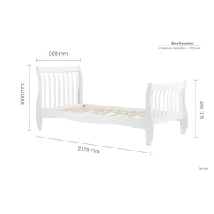 White bed frame with dimensions on a white background
