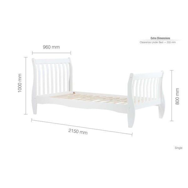 White bed frame with dimensions on a white background