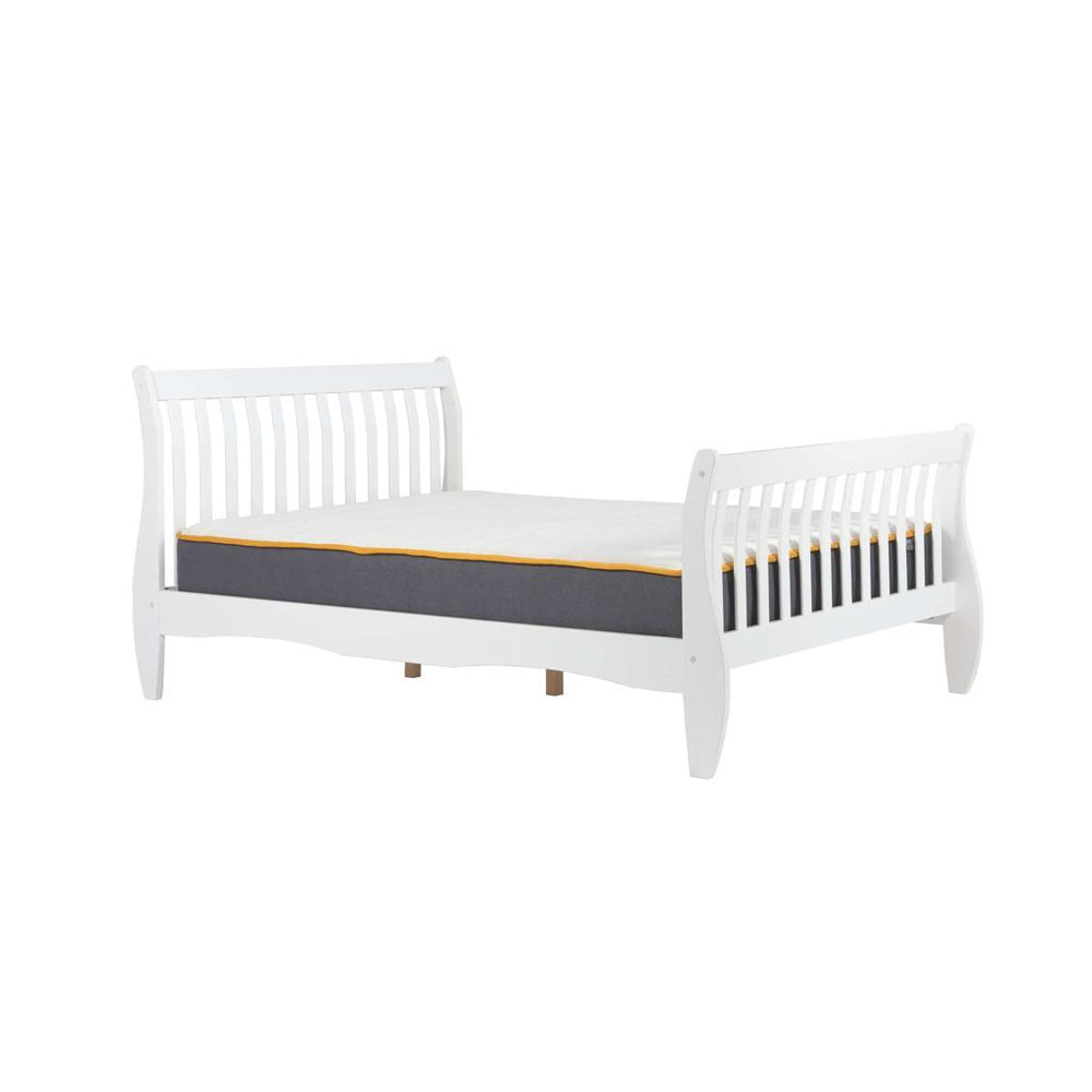 White bed frame with mattress on white background