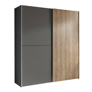 Modern wardrobe with gray and wooden design on a white background