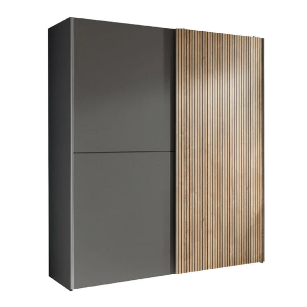 Modern wardrobe with gray and wooden design on a white background
