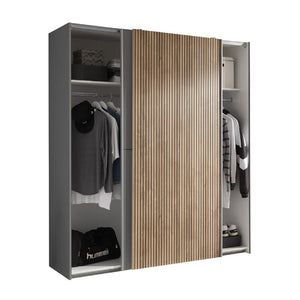 Modern wardrobe with wooden slat design on a white background