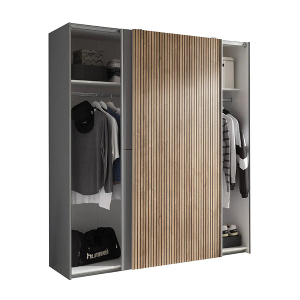 Modern wardrobe with wooden slat design on a white background