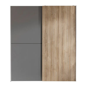 Two-tone wardrobe with gray and wooden slat design on a white background